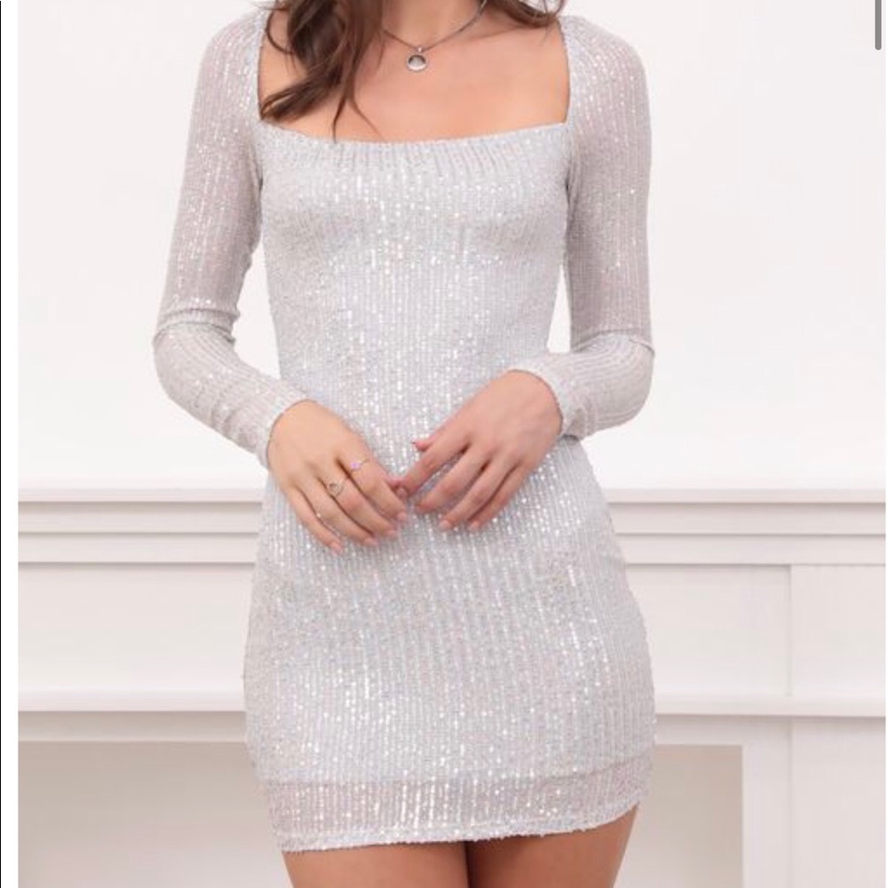 LUCY in the sky sparkling square next dress in silver sequin